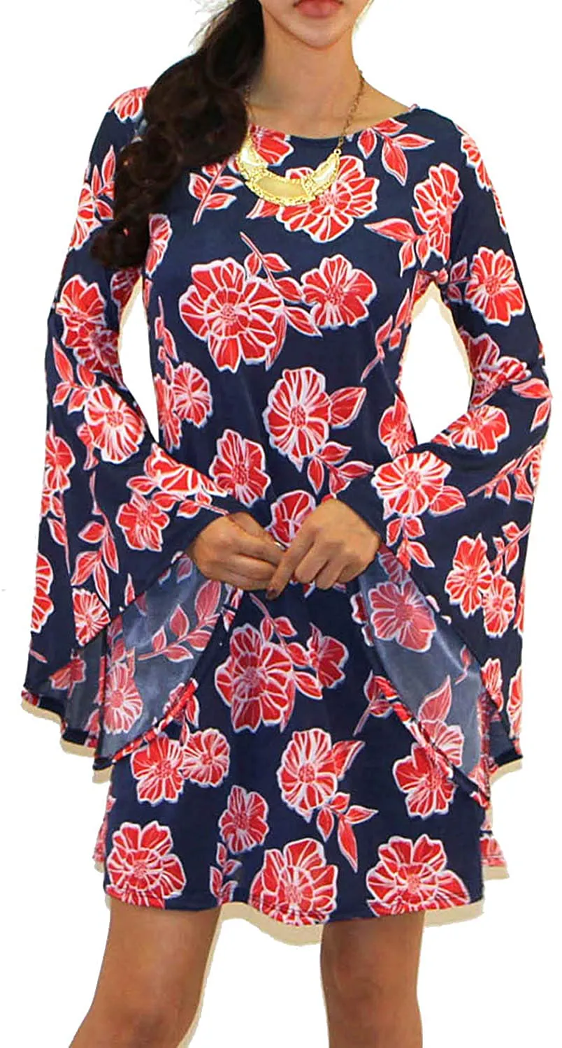 VIVICASLTE Women's USA Long Flare Bell Sleeve Blouse Mini Dress
