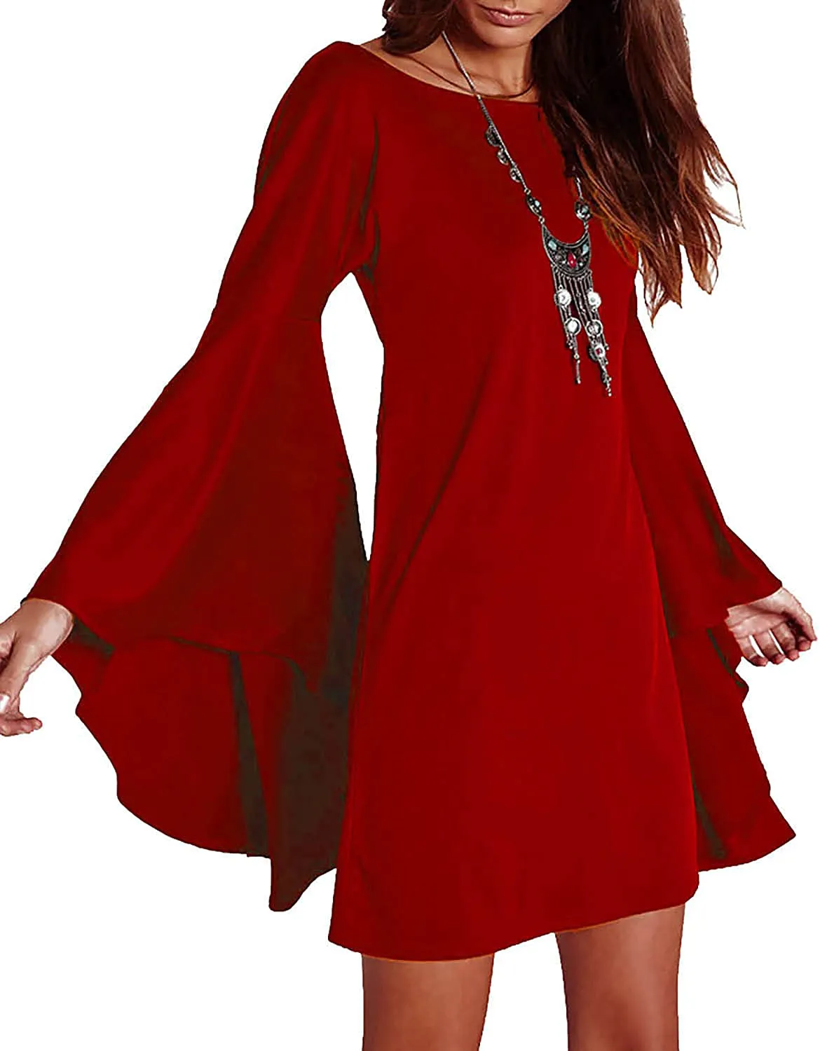 VIVICASLTE Women's USA Long Flare Bell Sleeve Blouse Mini Dress