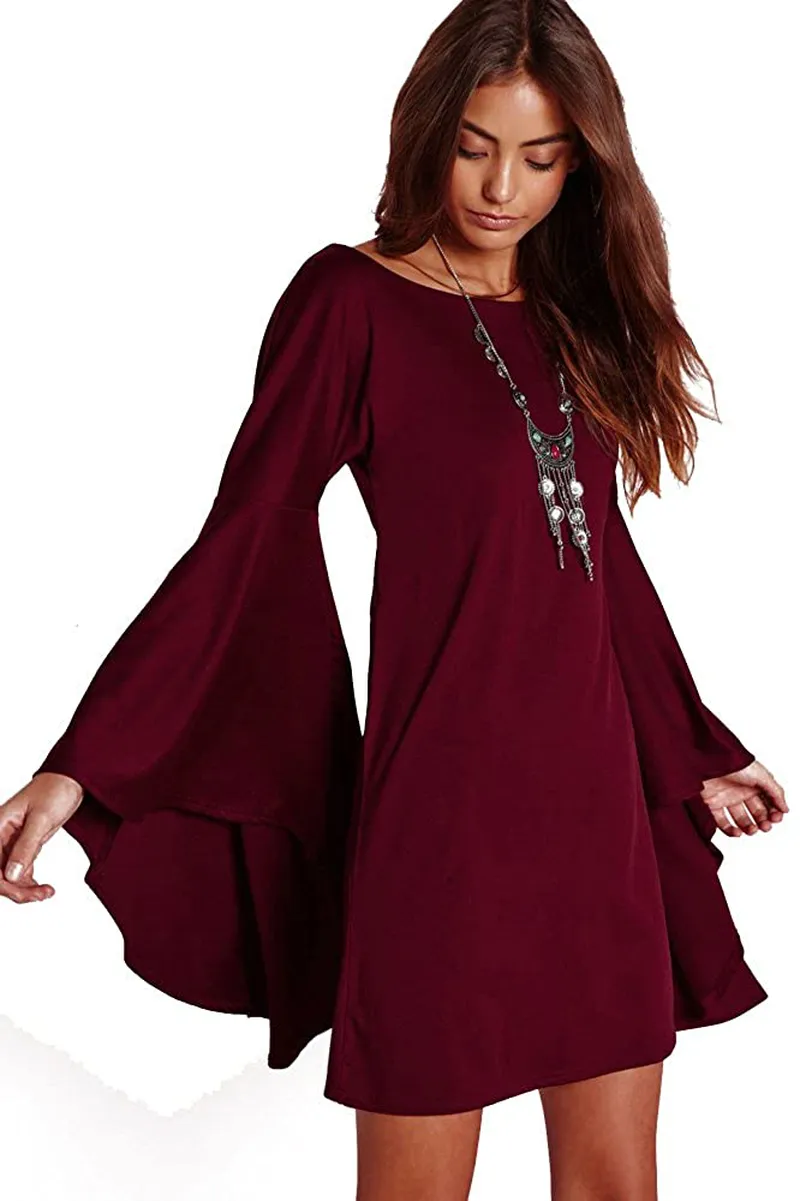 VIVICASLTE Women's USA Long Flare Bell Sleeve Blouse Mini Dress
