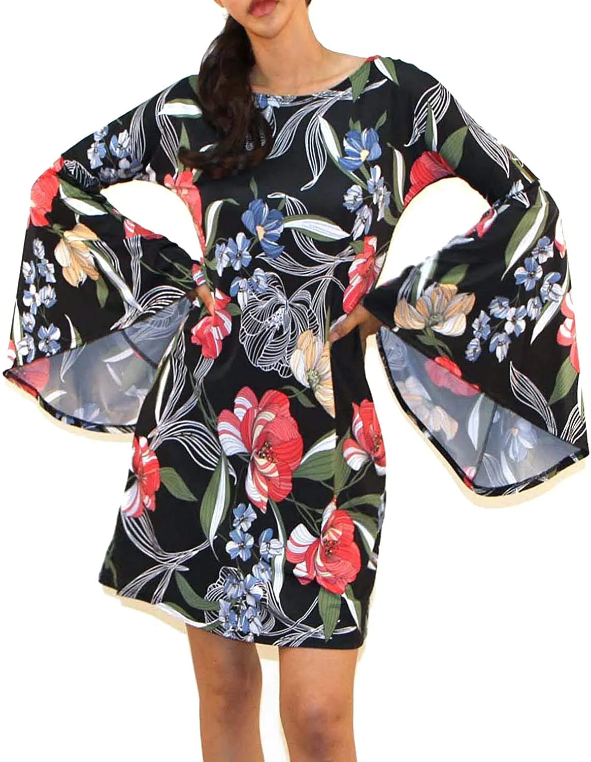 VIVICASLTE Women's USA Long Flare Bell Sleeve Blouse Mini Dress