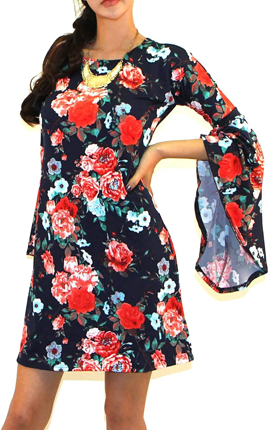 VIVICASLTE Women's USA Long Flare Bell Sleeve Blouse Mini Dress