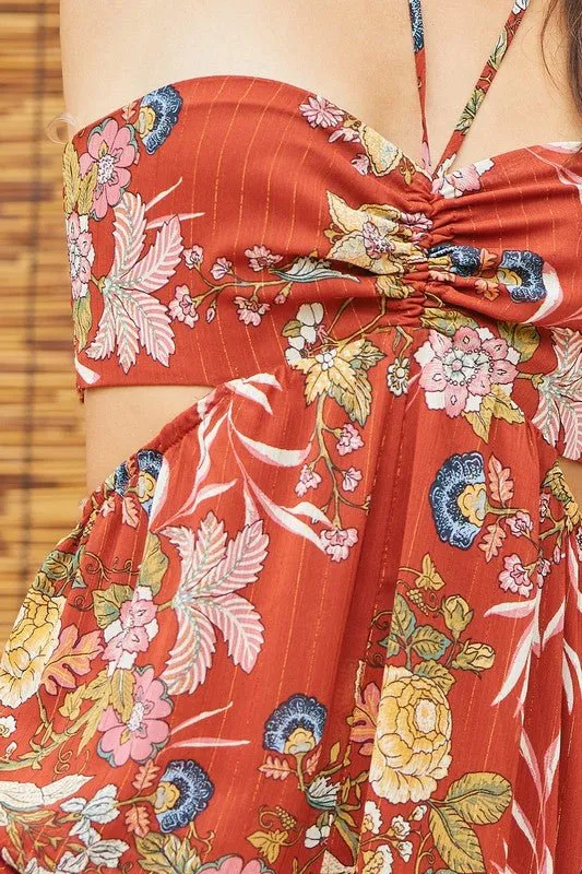Women's Bohemian Cut Out Jumpsuit | Crimson Floral
