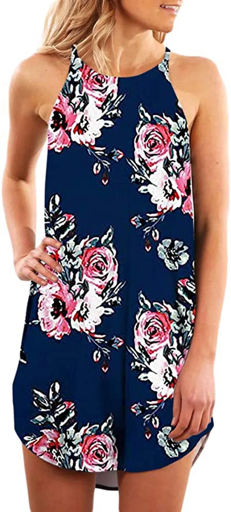 Women's Casual Sleeveless Floral Mini Dress Summer Beach Halter Neck Dresses
