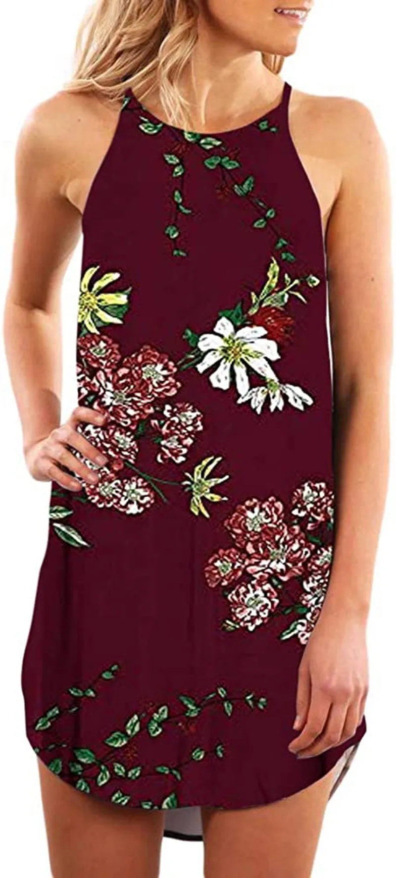 Women's Casual Sleeveless Floral Mini Dress Summer Beach Halter Neck Dresses