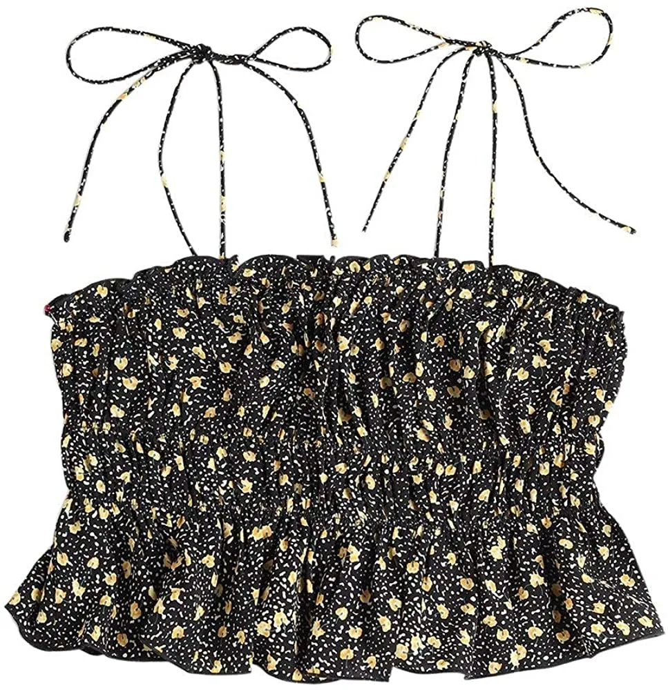 ZAFUL Women's Butterfly Crop Top Shoulder Tie Ruffle Cami Tank Top